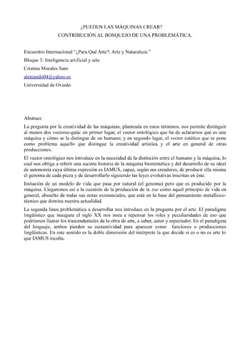 pulsar para leer documento (PDF 85 KB, 4 páginas) ¿PUEDEN LAS MÁQUINAS CREAR? CONTRIBUCIÓN AL BOSQUEJO DE UNA PROBLEMÁTICA